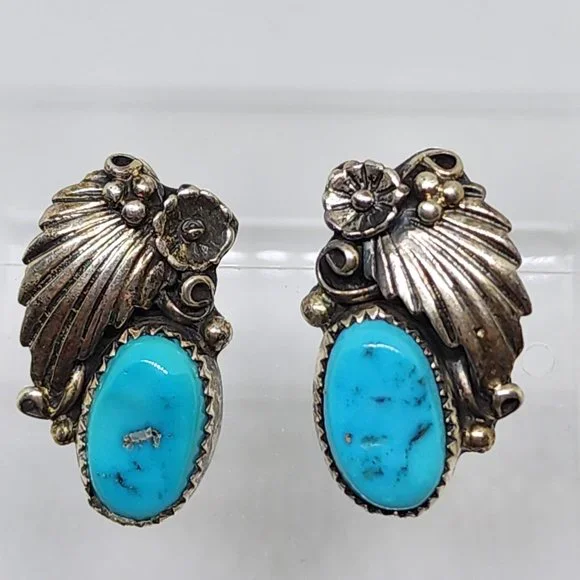 Vintage Sterling Silver Turquoise James Mason Handmade Navajo Pierced Earrings - Picture 6 of 9